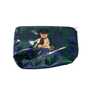 Harrods Vintage Teddy Bear Zipper Pouch, plaid background,